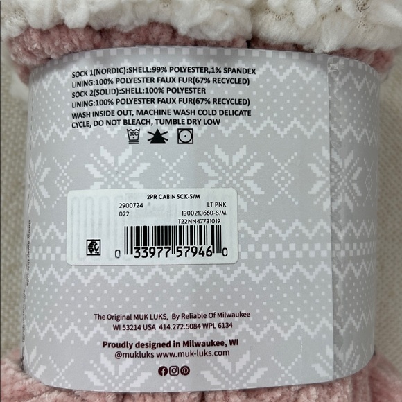 Muk Luks Womens Cabin Socks Non Skid FullyLined 2 Pair Pink White Size S/M NWT - Picture 3 of 4
